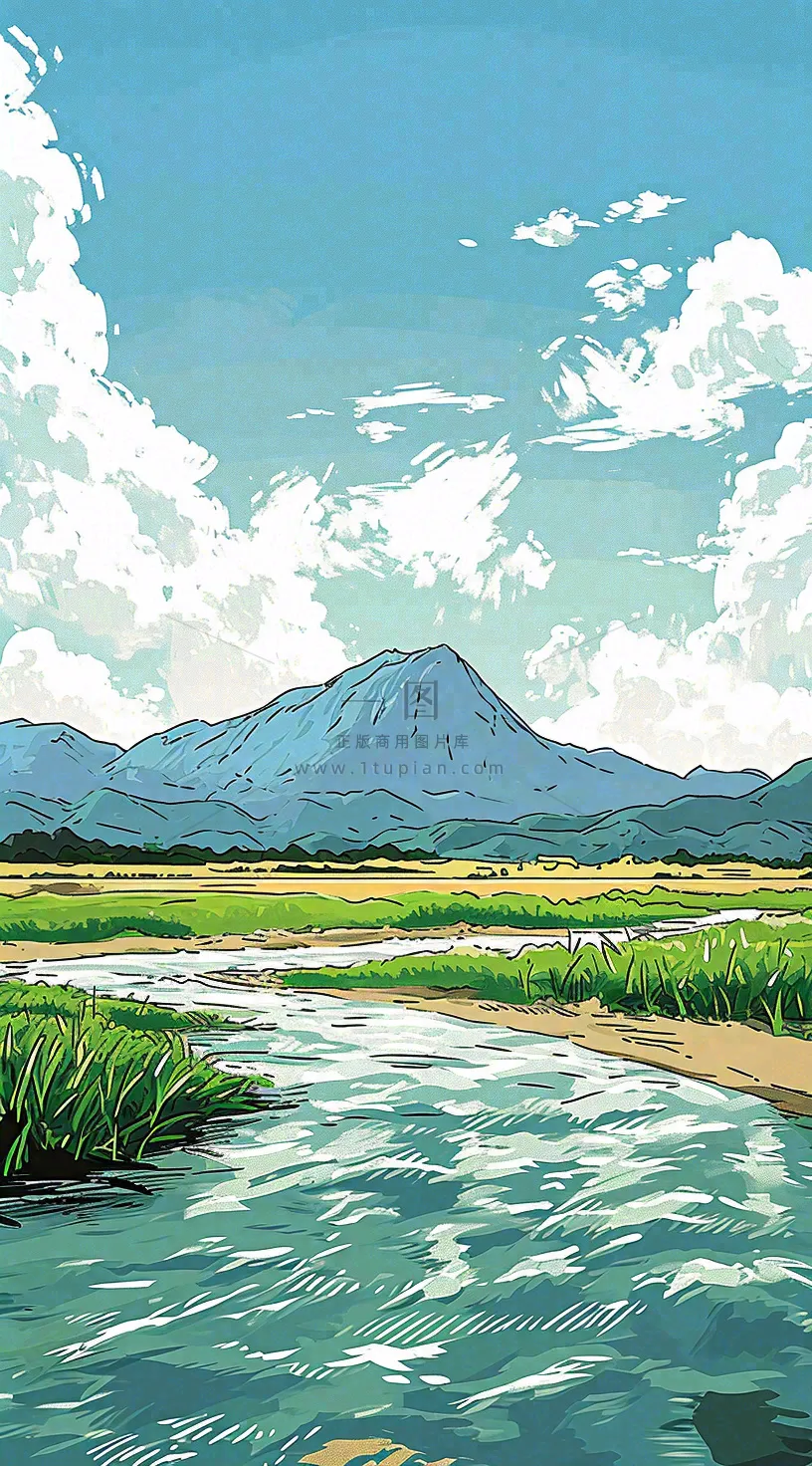 春天阳光灿烂远处的高山和田野春意盎然手绘卡通画