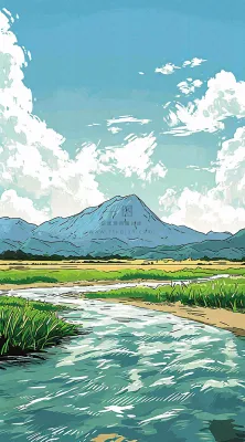 春天阳光灿烂远处的高山和田野春意盎然手绘卡通画