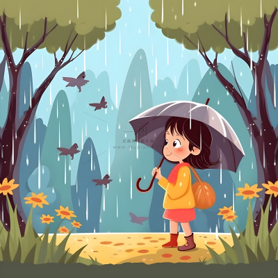 春天下雨天小女孩拿着雨伞在森林里漫步绿色黄色手绘插画海报素材背景
