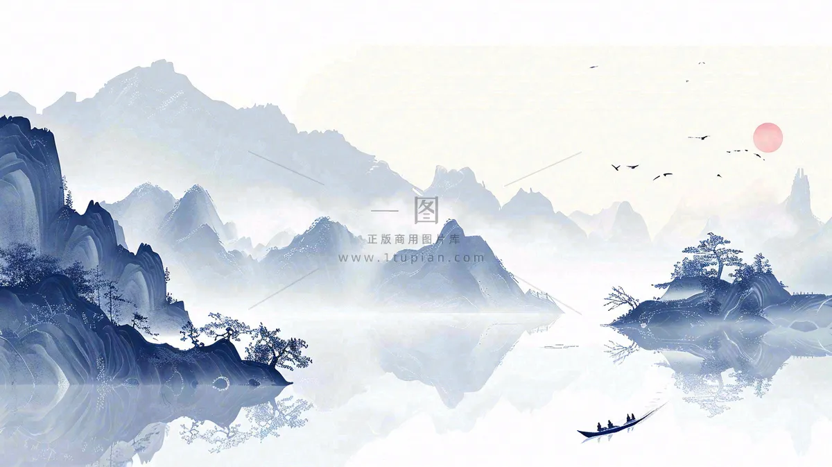 山水画简约白色河面插画手绘，中国风古风