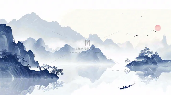 山水画简约白色河面插画手绘,中国风古风 山水画简约白色河面插画手绘,中国风古风