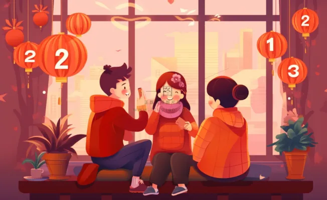 新年张灯结彩孩子们玩乐喜庆红色氛围庆祝卡通插画背景