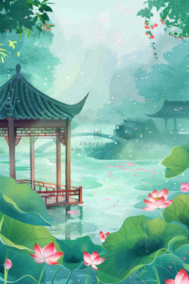 夏日江南苏式园林荷花池塘凉亭树荫阳光立夏夏至处暑插画背景