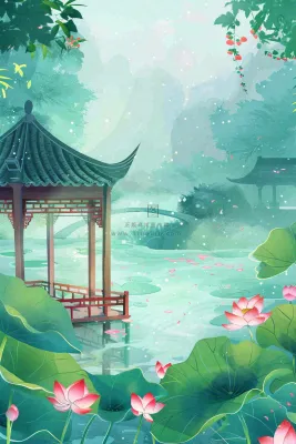 夏日江南苏式园林荷花池塘凉亭树荫阳光立夏夏至处暑插画背景
