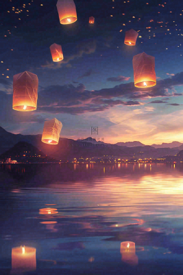 夜晚点灯孔明灯祈福中元节寒衣节插画背景