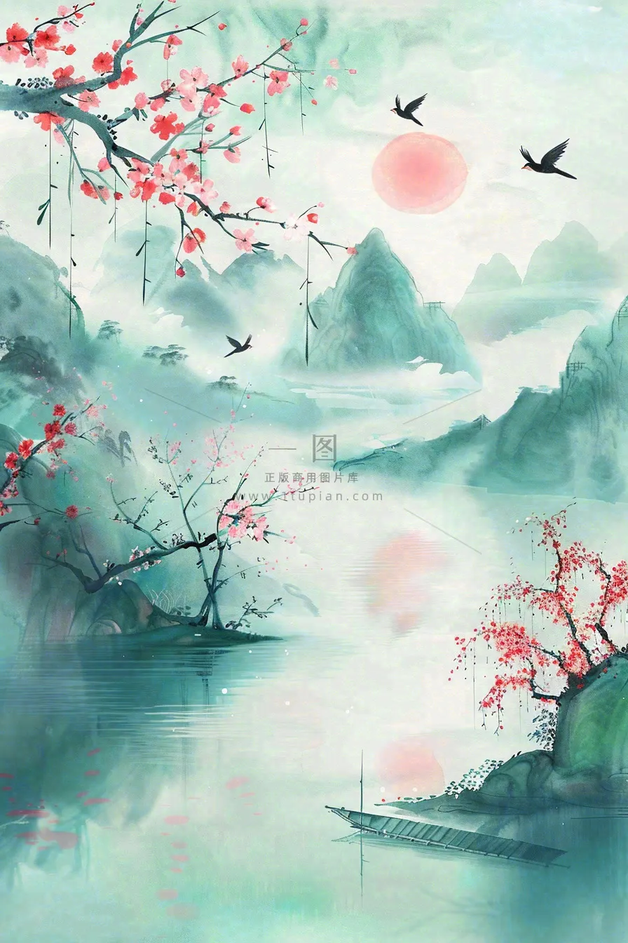 水墨江南山水画桃花青山春分清明惊蛰节气背景