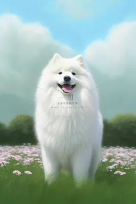 白色萨摩耶宠物狗在草坪花丛玩耍开心背景