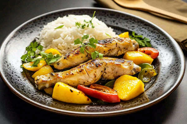 香煎鸡肉米饭香料美食摄影图