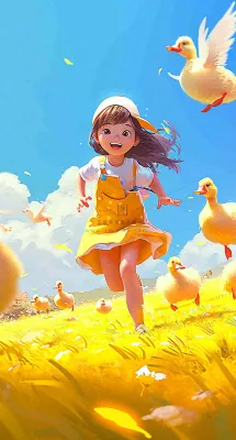 儿童节可爱鸭子奔跑,蓝天白云草地童真玩耍,清新插画 儿童节可爱鸭子奔跑,蓝天白云草地童真玩耍,清新插画