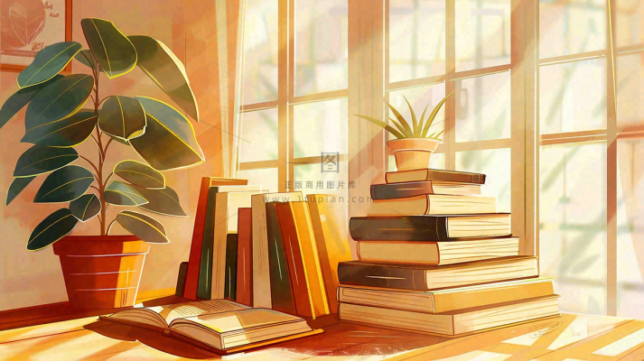 世界读书日窗前书桌书本绿植卡通插画背景 世界读书日窗前书桌书本绿植卡通插画背景