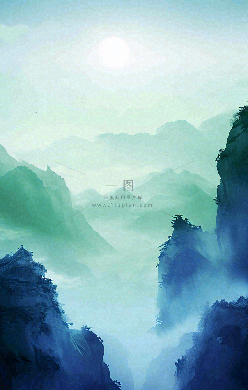 中国风云雾山脉河流湖面意境植物