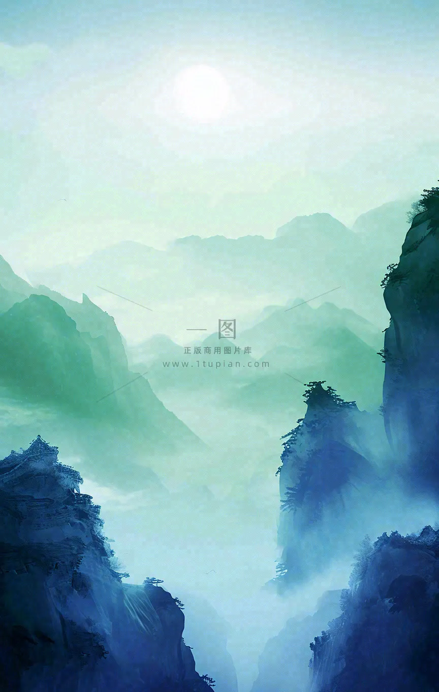 中国风云雾山脉河流湖面意境植物