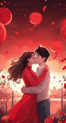 烟花中情侣在情人节的夜晚里拥抱亲吻，红色爱心气球爱情甜蜜