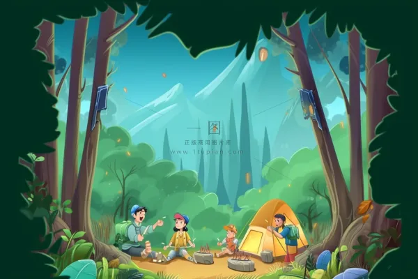 亲子露营野营游玩绿色插画背景 亲子露营野营游玩绿色插画背景