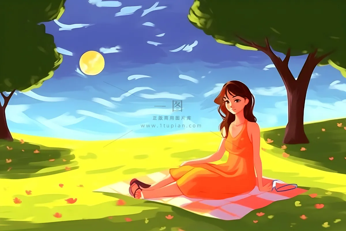 夏日人物水果树荫乘凉插画素材背景