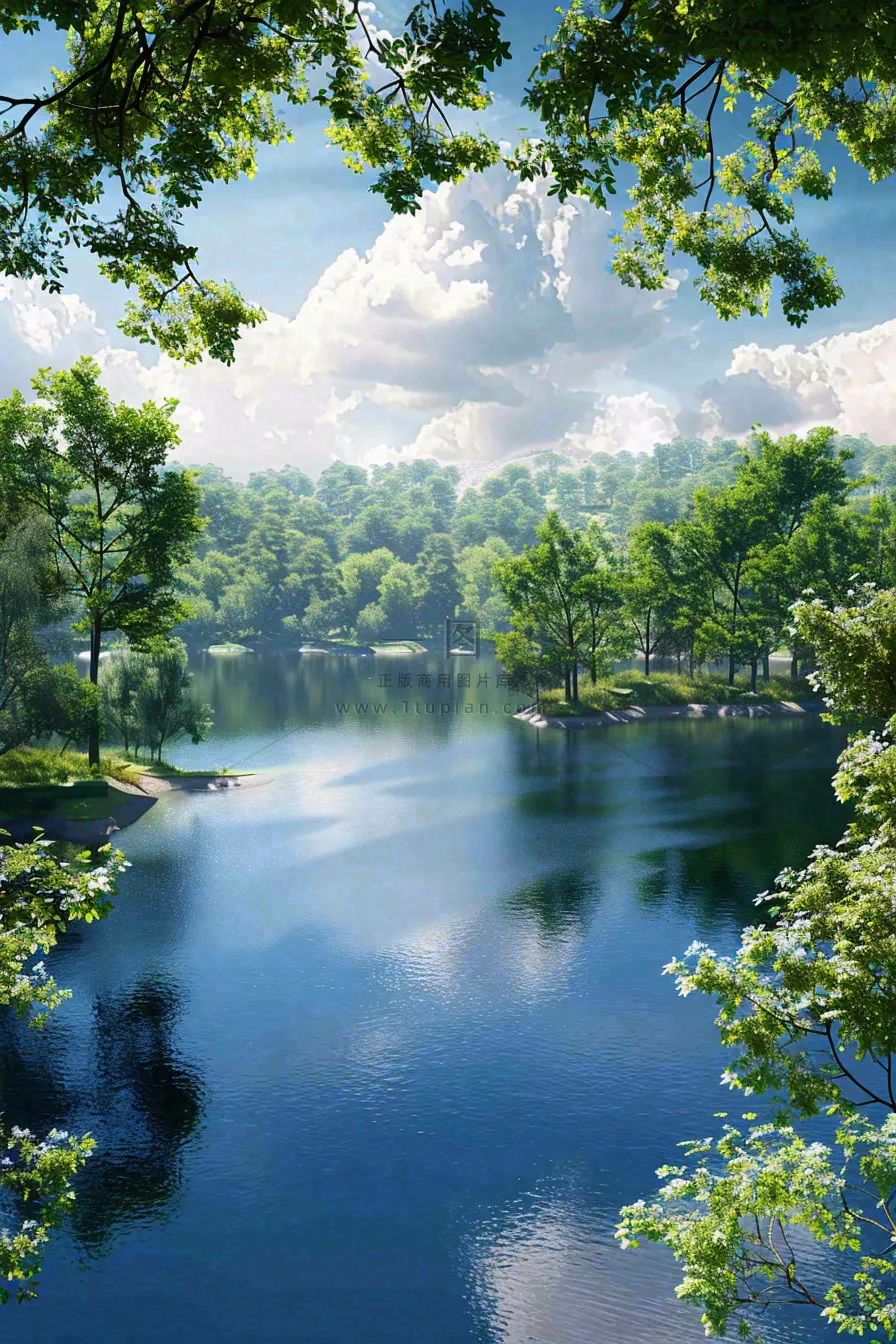 夏天晴天湖泊森林倒影摄影图