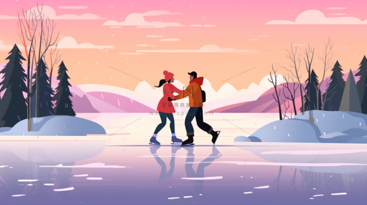 冬季雪山湖面溜冰滑冰的情侣夕阳余晖卡通插画背景 冬季雪山湖面溜冰滑冰的情侣夕阳余晖卡通插画背景