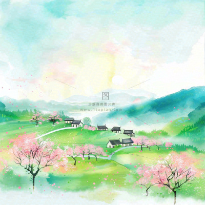 春天春分春暖花开江南山林桃花国画徽式建筑古风水墨插画背景 春天春分春暖花开江南山林桃花国画徽式建筑古风水墨插画背景