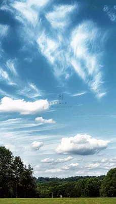 天空白云下的草坪放风筝，简约踏青春天摄影图