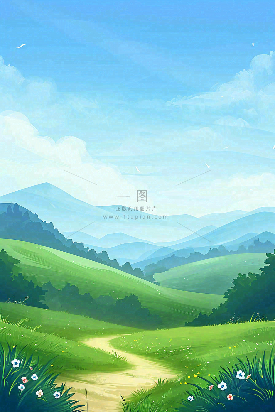 春天郊外旅行蓝天白云清新草地手绘,春分