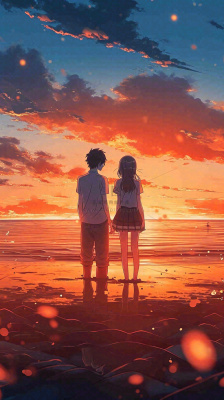 海边落日情人节情侣温馨爱情拥抱手绘插画