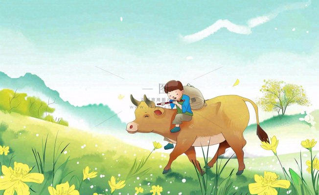 春天孩童放牛吹笛草地花丛出游清明时节卡通插画背景 春天孩童放牛吹笛草地花丛出游清明时节卡通插画背景