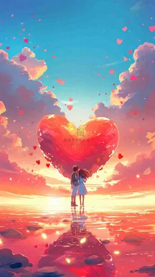 情人节浪漫情人爱心落日蓝天唯美,情侣亲吻爱情,卡通手绘插画 情人节浪漫情人爱心落日蓝天唯美,情侣亲吻爱情,卡通手绘插画