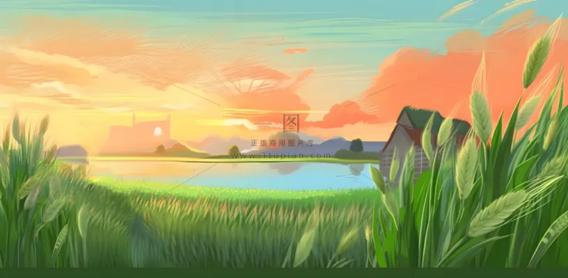 农田庄稼小麦玉米地夕阳晚霞绿色背景