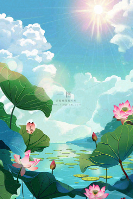 炎炎夏日烈日荷花池荷叶蓝天立夏小暑大暑处暑卡通插画背景 炎炎夏日烈日荷花池荷叶蓝天立夏小暑大暑处暑卡通插画背景