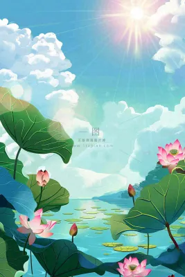 炎炎夏日烈日荷花池荷叶蓝天立夏小暑大暑处暑卡通插画背景 炎炎夏日烈日荷花池荷叶蓝天立夏小暑大暑处暑卡通插画背景