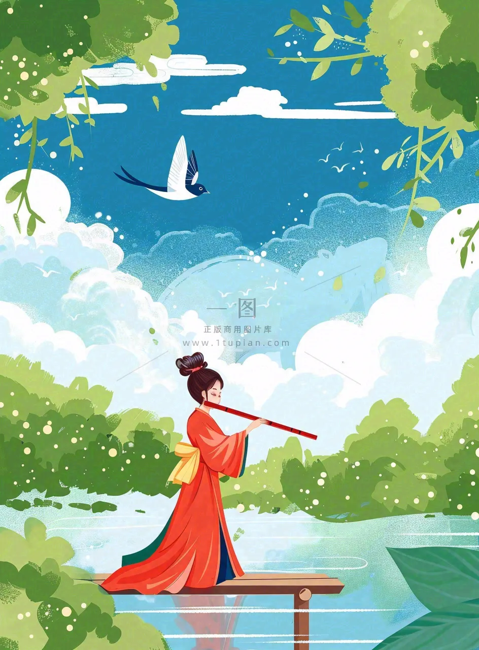春夏古风女孩游湖吹笛小鸟绿叶大树惊蛰春分立夏清明卡通插画背景
