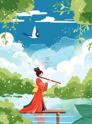 春夏古风女孩游湖吹笛小鸟绿叶大树惊蛰春分立夏清明卡通插画背景 春夏古风女孩游湖吹笛小鸟绿叶大树惊蛰春分立夏清明卡通插画背景