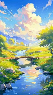 春天草坪河流小溪蓝天白云清新阳光手绘插画，立春春分