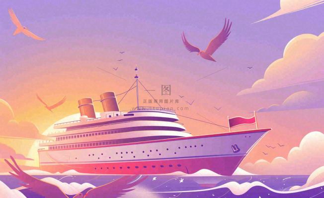 夕阳落日下的海上邮轮船海鸥度假旅游建军卡通插画背景