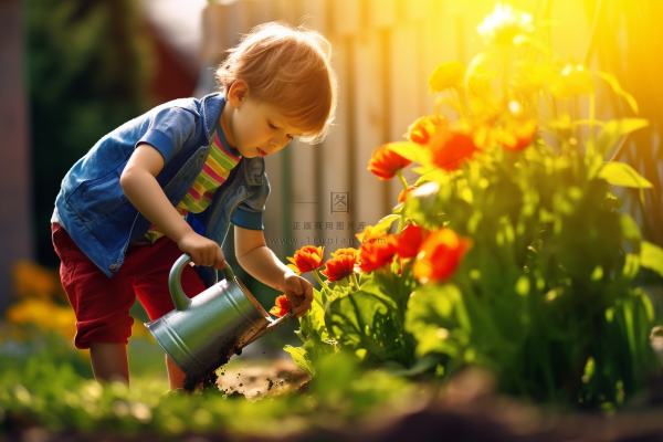 男孩在花园里浇花阳光鲜花摄影图