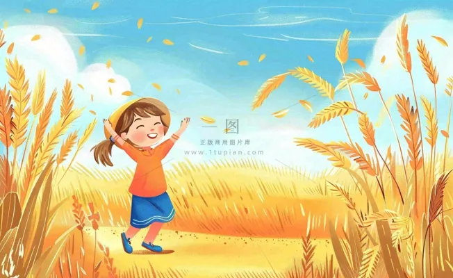 秋天丰收季麦田农田麦穗儿童嬉戏游玩芒种立秋处暑秋分卡通插画背景