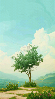 蓝天白云草地树木建筑，春天