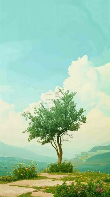 蓝天白云草地树木建筑，春天