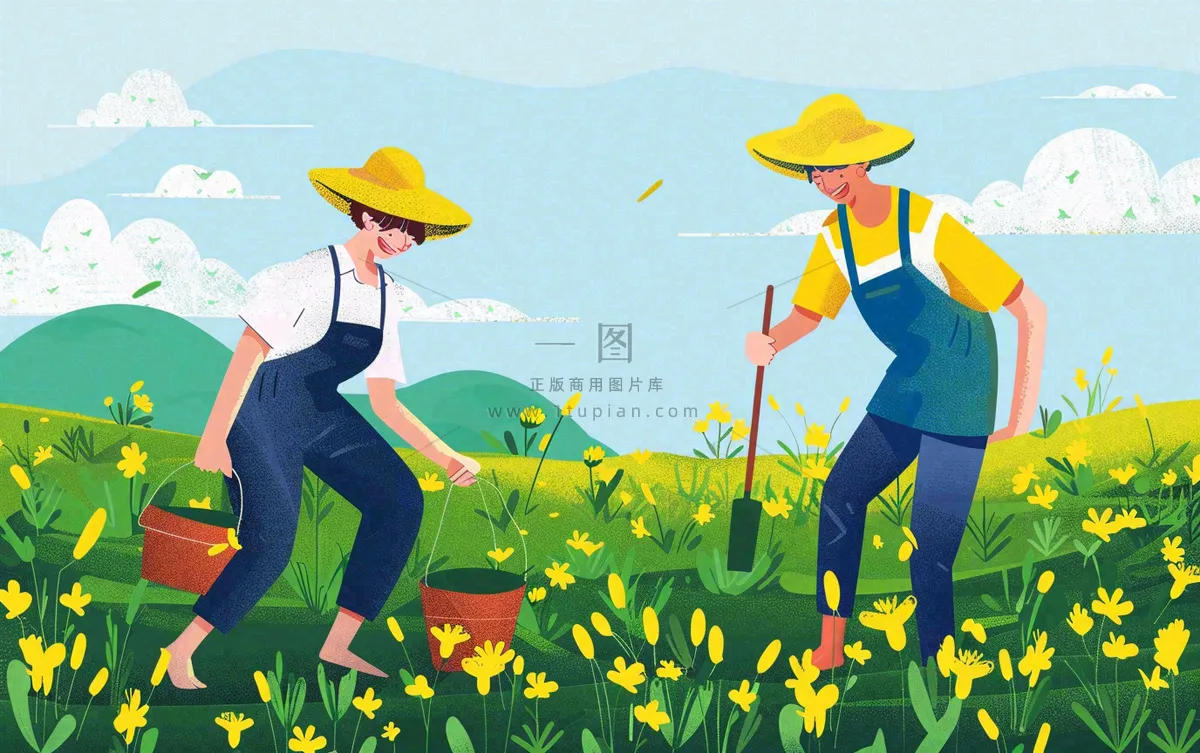 春天一家人在种花植树花丛浇水小满卡通插画背景