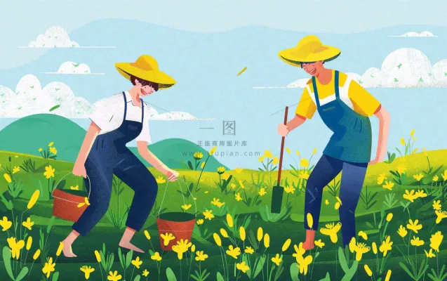 春天一家人在种花植树花丛浇水小满卡通插画背景