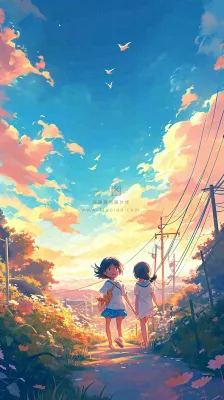 清新蓝天白云儿童路边行走手绘插画,花丛草地植物 清新蓝天白云儿童路边行走手绘插画,花丛草地植物