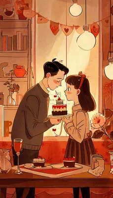 情人节情侣浪漫圣诞节日温馨生日会,插画手绘,居家餐厅美食 情人节情侣浪漫圣诞节日温馨生日会,插画手绘,居家餐厅美食