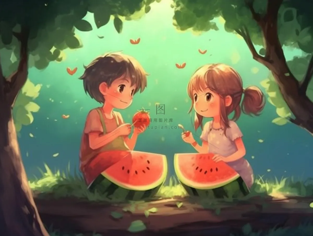 夏日卡通插画儿童吃西瓜动漫风背景