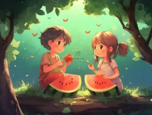 夏日卡通插画儿童吃西瓜动漫风背景 夏日卡通插画儿童吃西瓜动漫风背景
