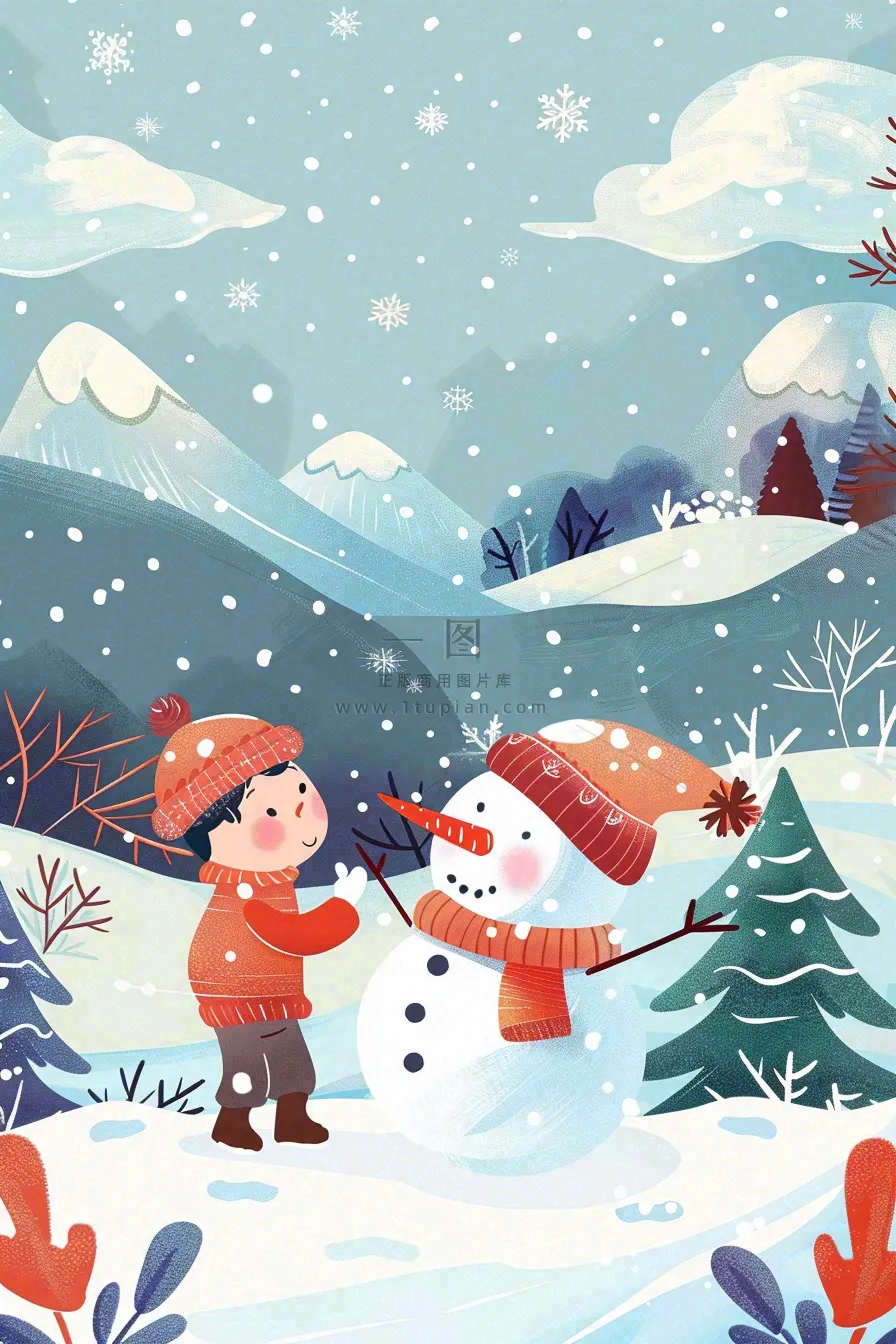 冬天大雪纷飞堆雪人寒冷立冬小雪冬至卡通插画背景