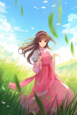 古风少女红裙子在草丛中花瓣纷飞卡通插画