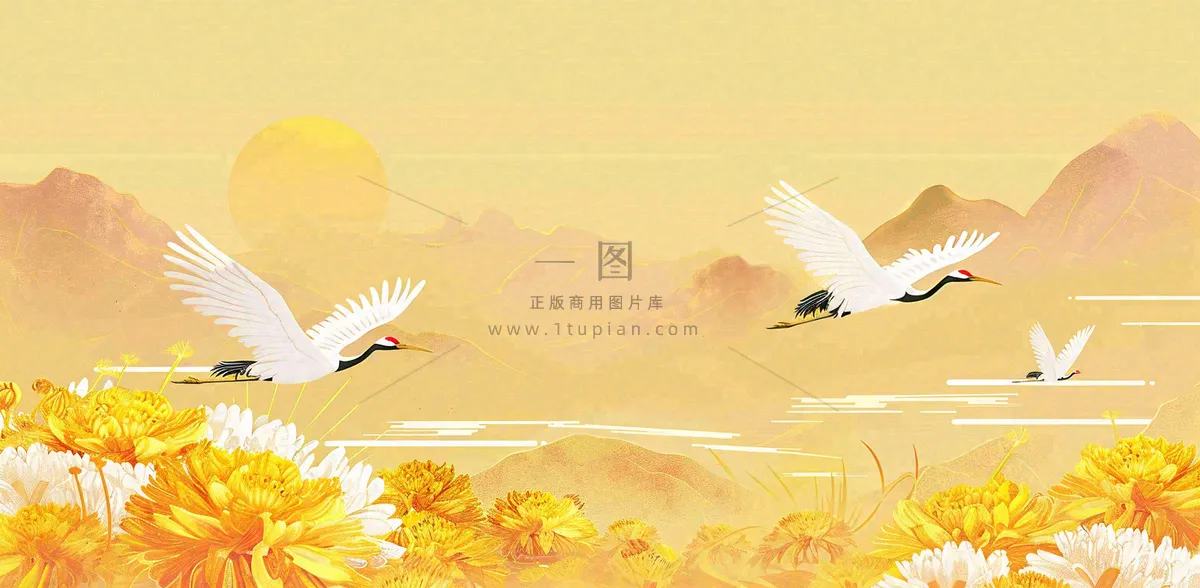 国潮风重阳菊花仙鹤山水场景插画中秋背景