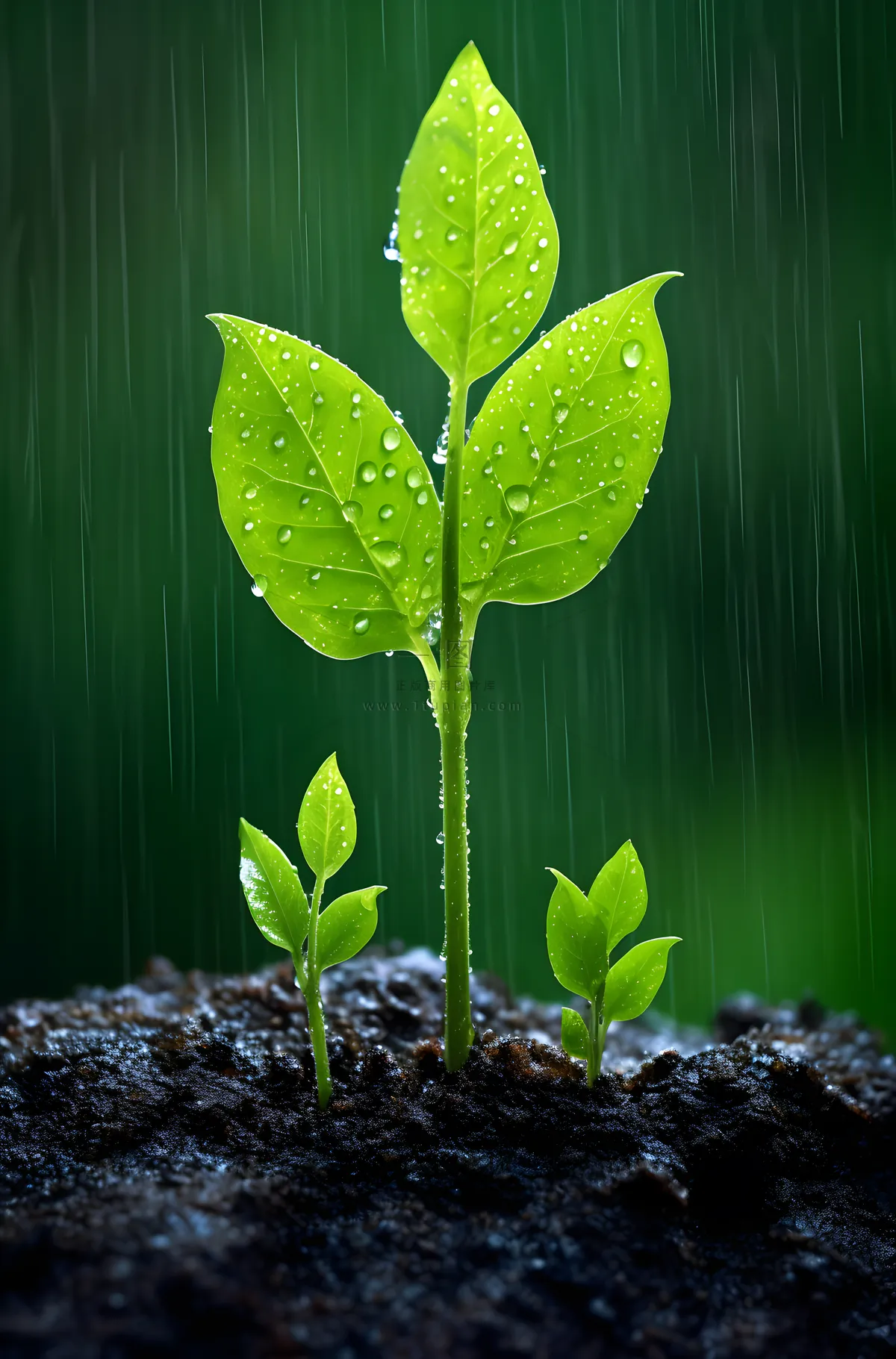 春天雨水洒在嫩绿的幼苗上摄影图