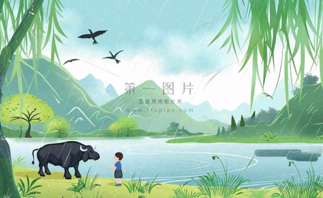 春天下雨天牧童放牛河流柳树雨水谷雨清明卡通插画背景