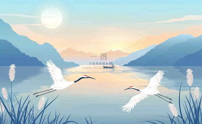 唯美白露仙鹤鸟山水风景秋天芦苇日落日出秋天插画背景